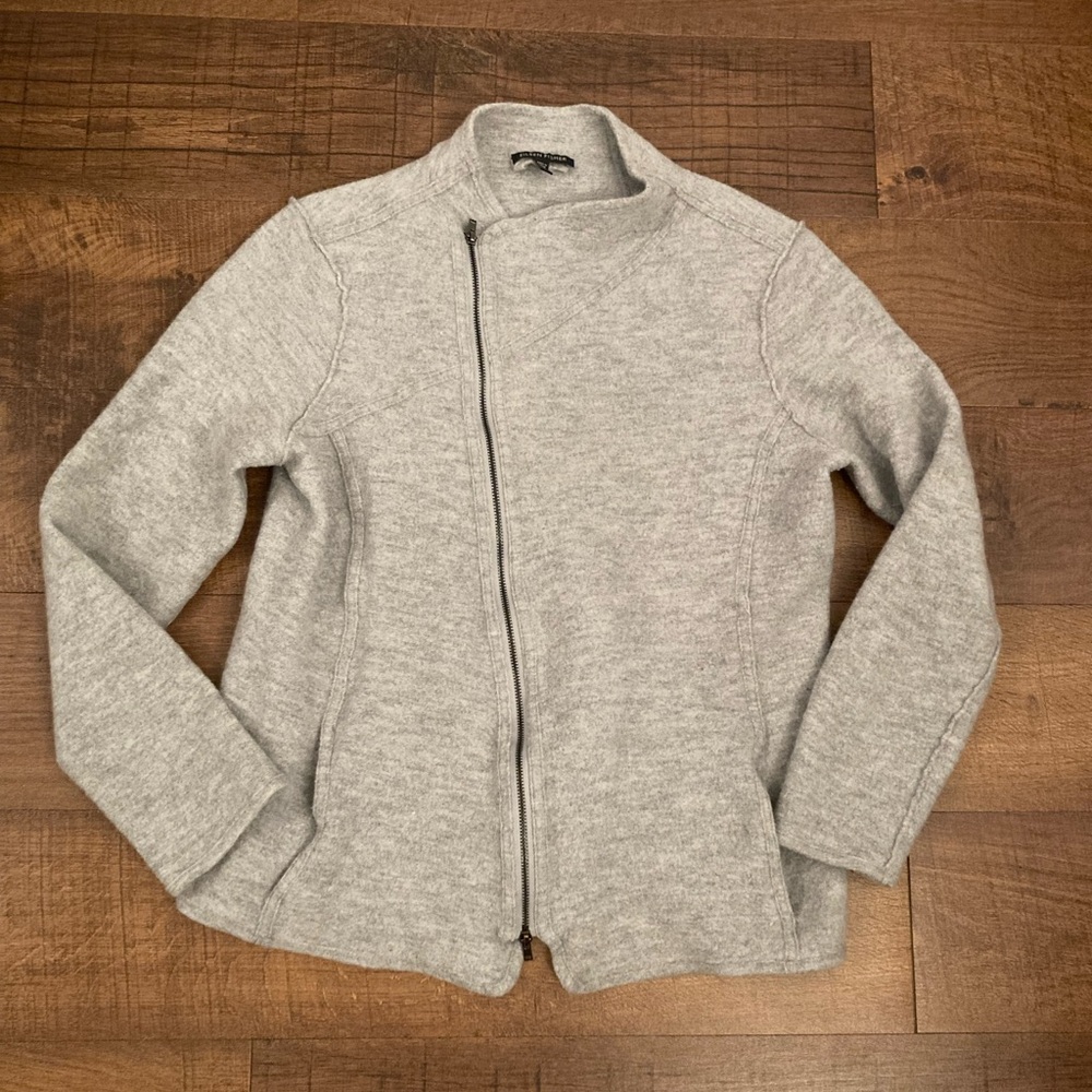 Eileen Fisher 100% Merino Wool Gray Knit Zip-Front Moto Sweater Jacket Women’s L